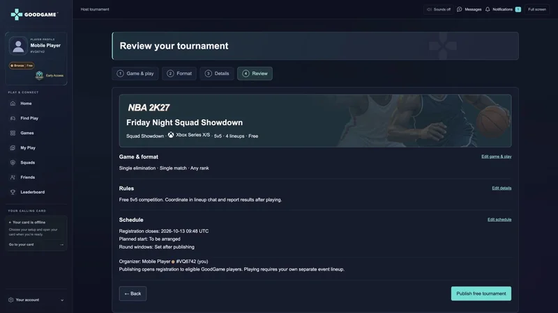 GoodGame tournament organizer interface using demonstration participants