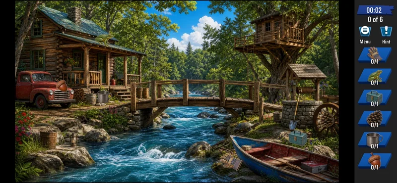 Hidden-object game development capture showing an illustrated riverside location