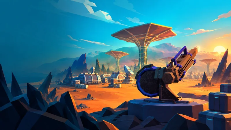 Firebase Oscar concept artwork showing a turret guarding a colorful alien outpost