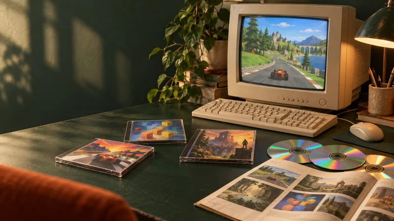 Editorial illustration of a classic desktop PC, game discs and a printed catalog