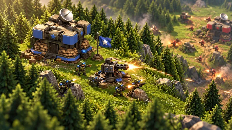 Illustrated Tactical Cover battlefield with defensive turrets and flag positions
